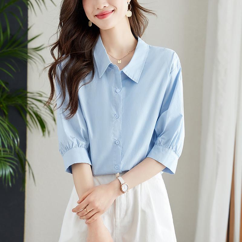 

Белая женская рубашка с рукавами три четверти, новая корейская версия, топ с рукавами-фонариками, свободная повседневная рубашка из чистого хлопка XXL синий