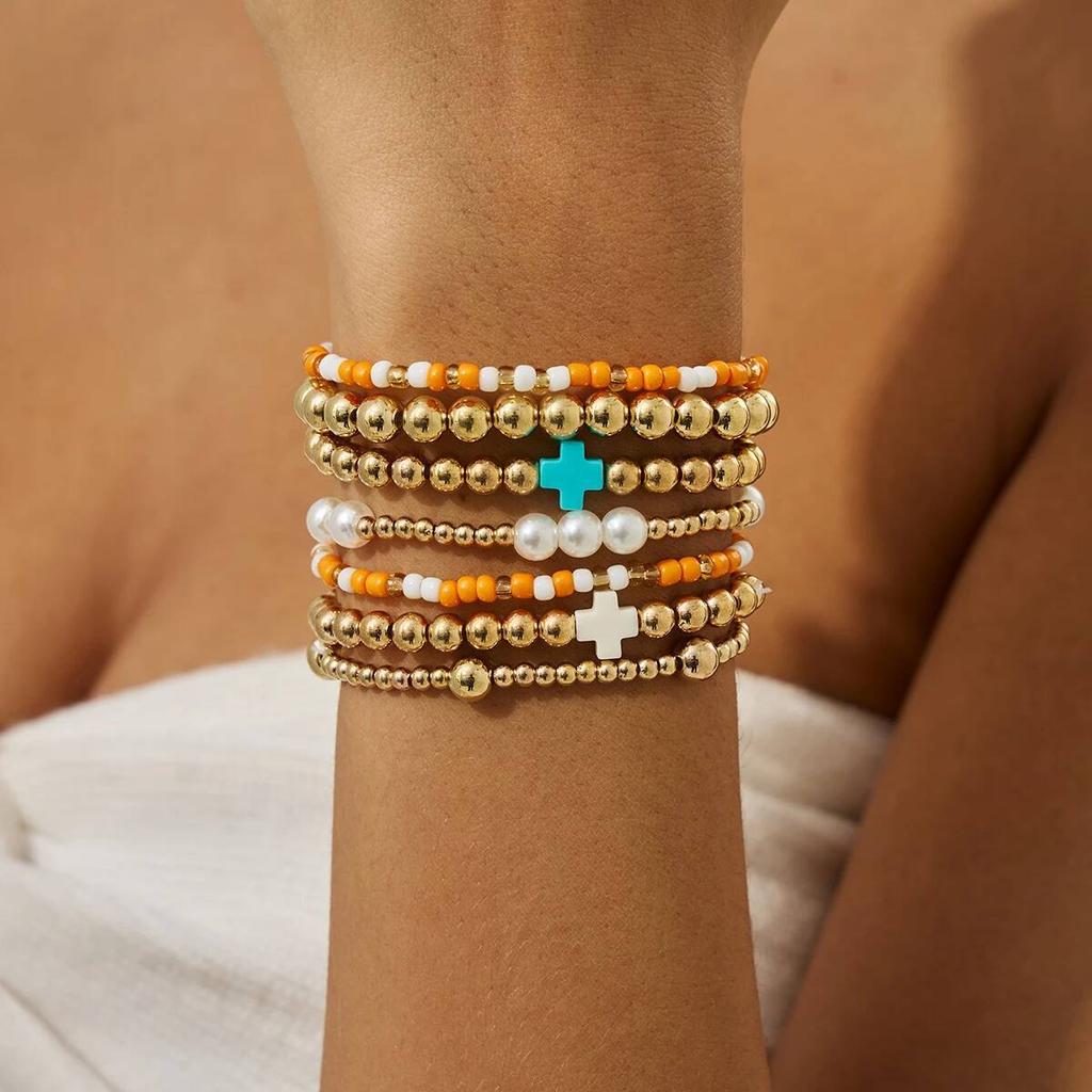 Ingemark 7 Styles Goth Acrylic Imitation Pearl Elastic Chain Bracelets for Women Boho Stacked Strand Beads Bangle Couple Jewelry