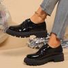 Women's Chain Decor Platform Loafers Black Patent Leather Dress Shoes Woman Comfortable Slip On Flat Shoes