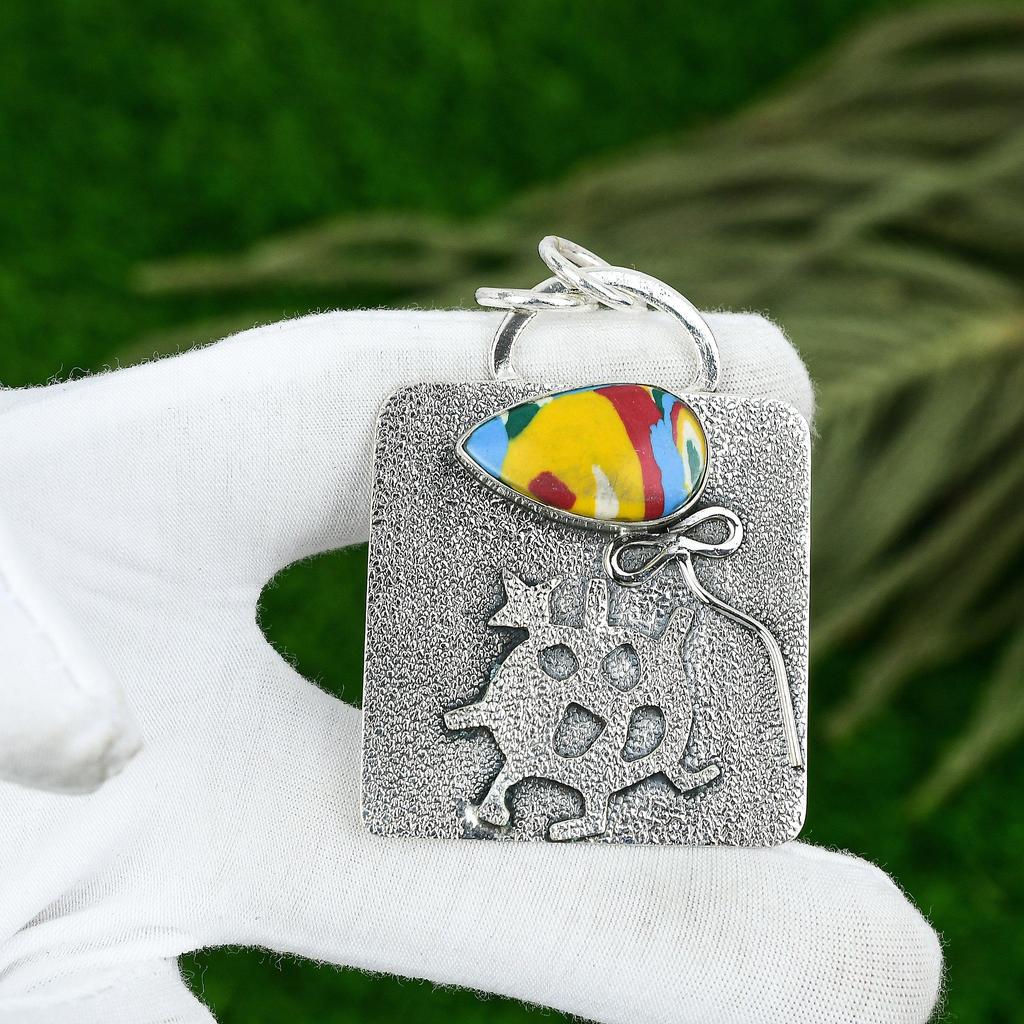 Friendship Day Deal Pear Natural Mosaic Balloon Jasper 925 Silver Bezel Pendant