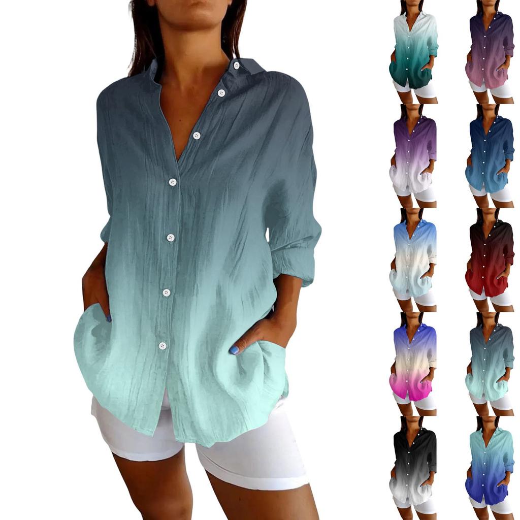Womens Button Down Shirts Cotton Linen Long Sleeve Dress Shirts Casual Summer Tops Work Blouses