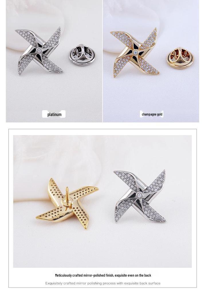 Crystal Pinwheel Men's Brooch - High-End Lapel Pin with Inlaid Zircon for Women's Accessories