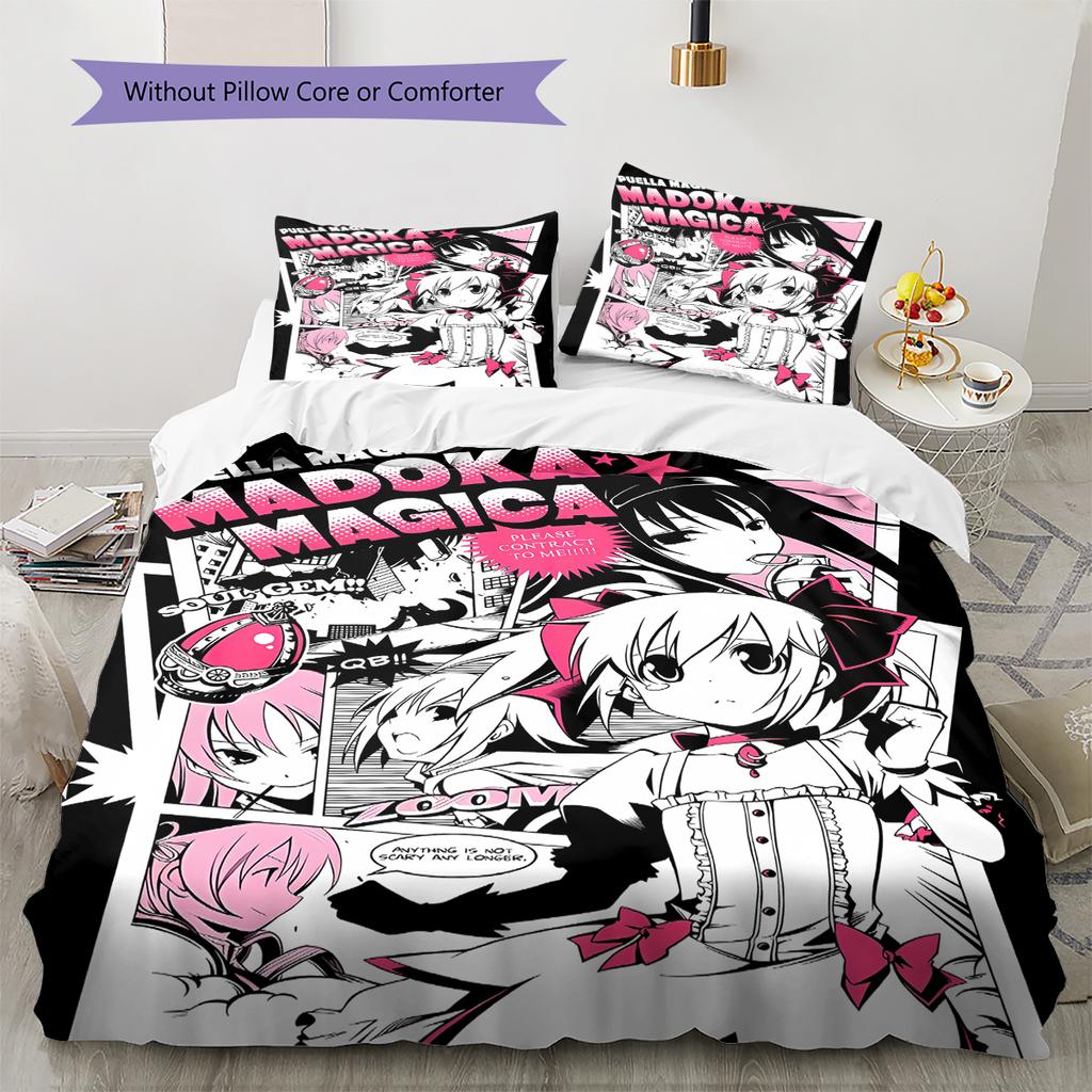 Puella Magi Madoka Magica Vzorované povlečení, Sada přikrývek Povlak na přikrývku Povlak na polštář Domácí dárek k narozeninám (1 * povlak na peřinu + 2 * povlak na polštář, bez jádra)