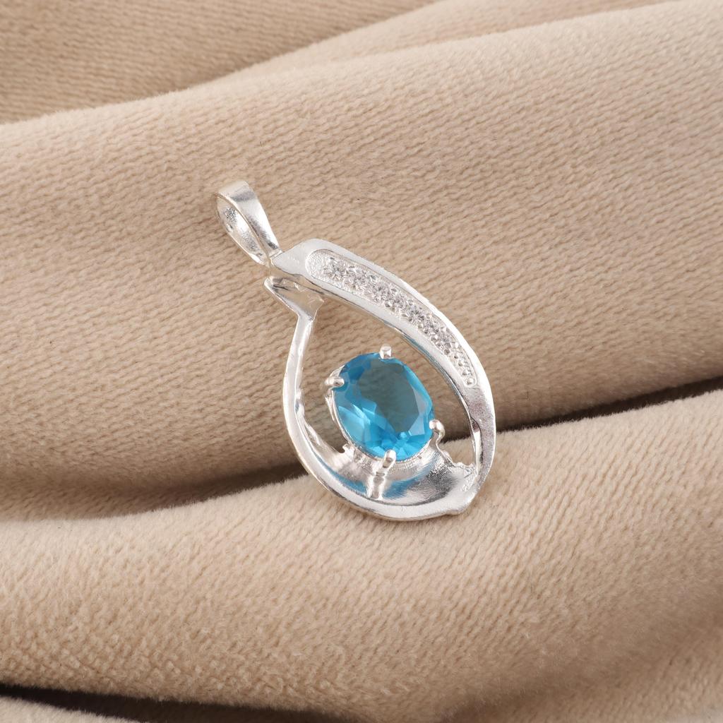 Swiss Blue Topaz Gemstone 925 Sterling Silver Women Jewelry Designer Zircon Pendant 1.4" For Birthday Gift CZP-16-12