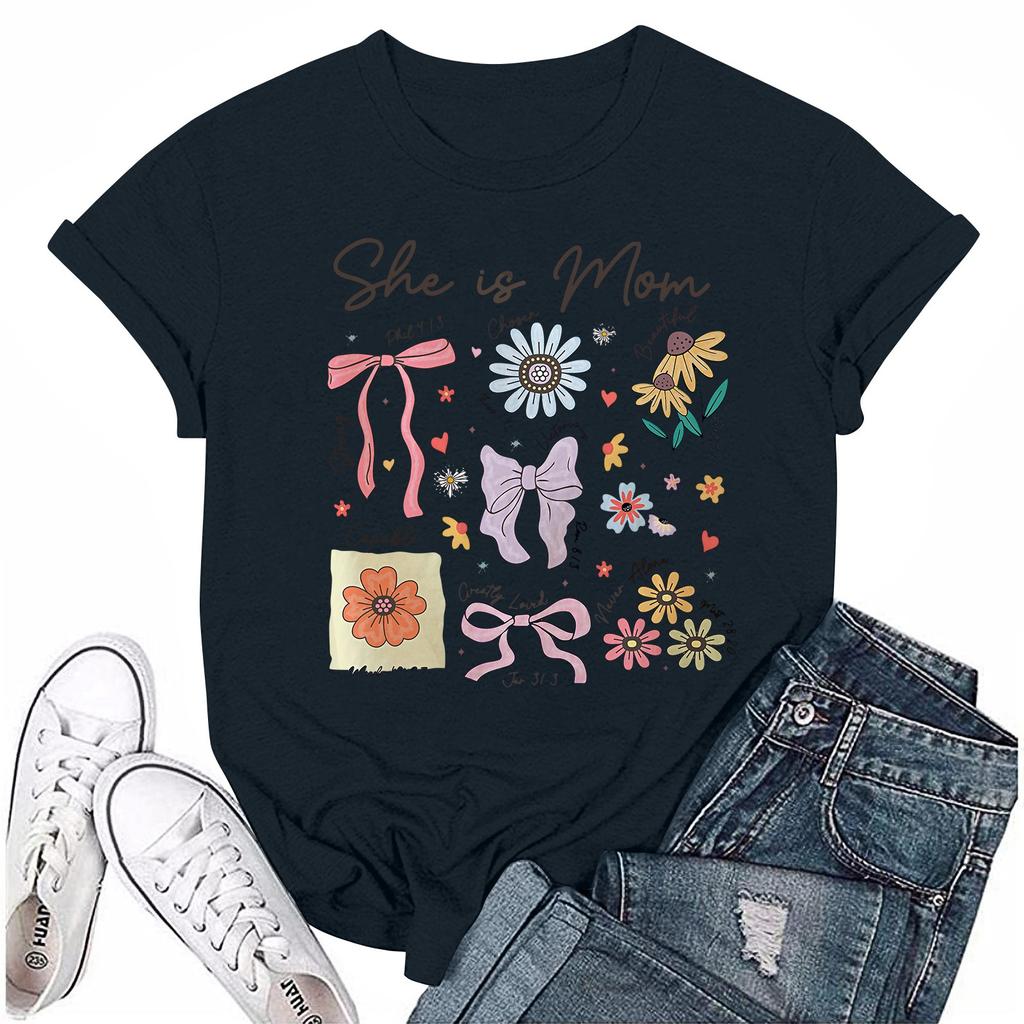 Women Casual Daily Round Neck Printed Short Sleeved T-shirt Letter Top