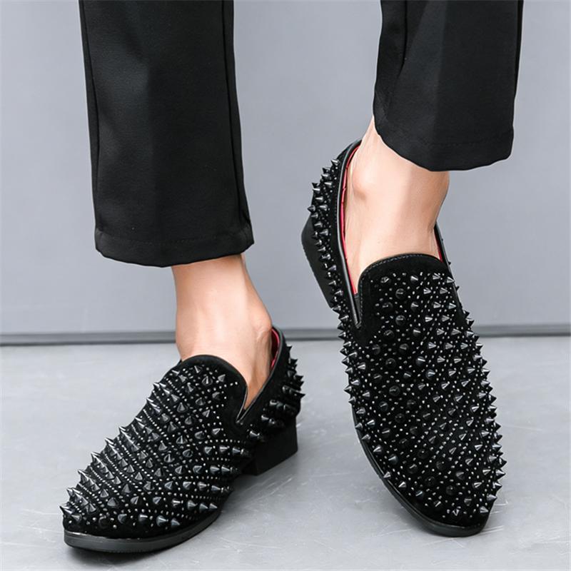Hip-hop Rivet Rhinestones Pointed Slip On Shoes Men Designer Rock Punk Loafers Formal Wedding Prom Dress Homecoming Footwear