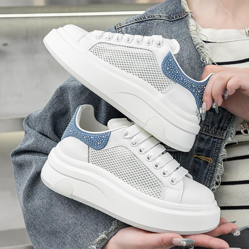 Thick-soled Heightening Women's Leather Shoes New Mesh Breathable Rhinestone Versatile Sports and Leisure Board Shoes