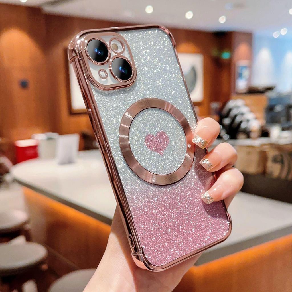 iPhone 15 Pro Heart Gradient Glitter Magnetic Case - Soft, Protective for Apple 13/11