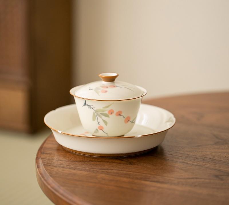 120ml Hand-painted Persimmon Bamboo Cover Bowl Household Anti Scald Gaiwan Handmade Tea Tureen Tea Making Tea Cup Tea Items