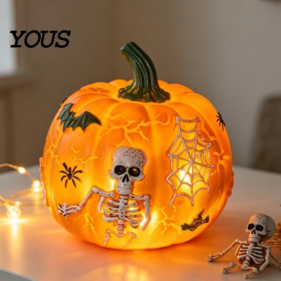 Festive Party Atmosphere Lights Halloween Light Up Pumpkin Decor, Resin LED Glowing Lantern Figurine, Spooky Led Skull Night Tabletop for Indoor