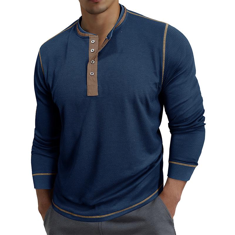 Men's Retro British Style Color Block Henley Long Sleeve Polo Shirt