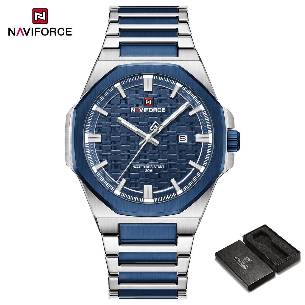 NAVIFORCE Simple Watch for Men Stainless Steel Strap Calendar Movement Luminous Pointer Waterproof 3ATM Casual Fashion Men's Watch NF9245