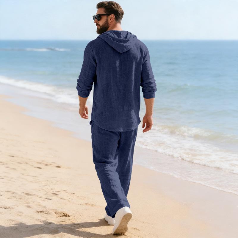 Men's Linen Hooded Long Sleeve and Pants Casual Home Wear Set - Spring/Autumn 2026 Collection