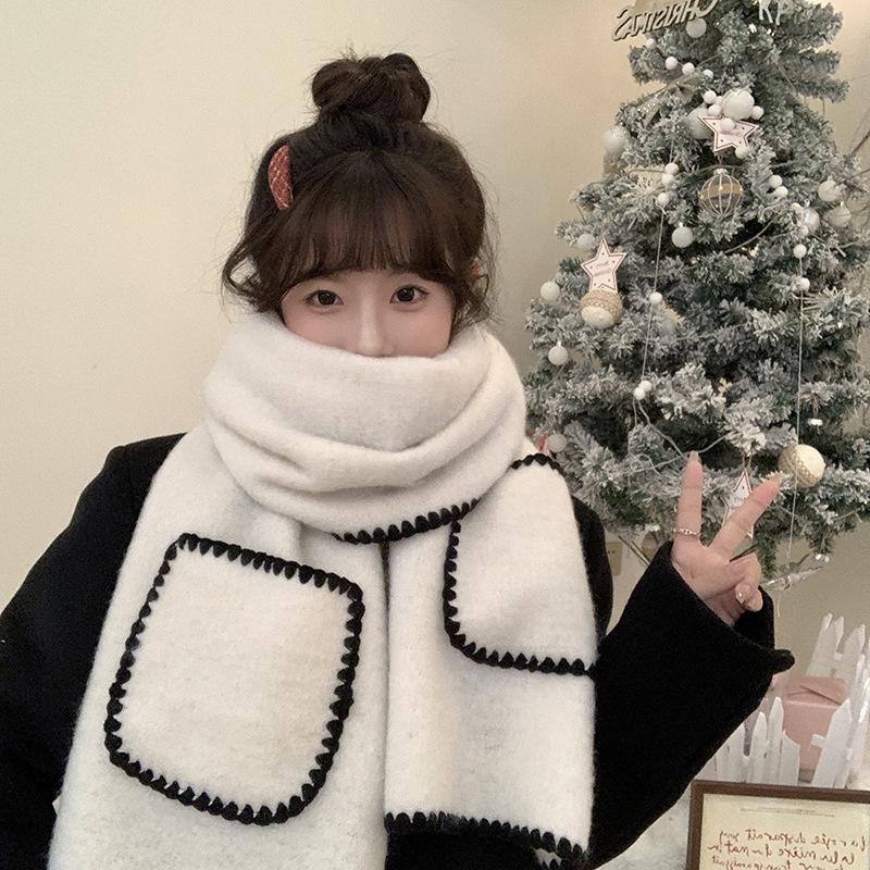 

Двусторонний шерстяной шарф, зимний однотонный для девочек, утолщенный, теплый, роскошное ощущение, воротник с кашемировым пальто-шалью бежевый