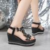 Summer New Large Size Women's Wedge Heel Sandals Bow Foot Muffin Rhinestone Bottom Fish Mouth Sandals