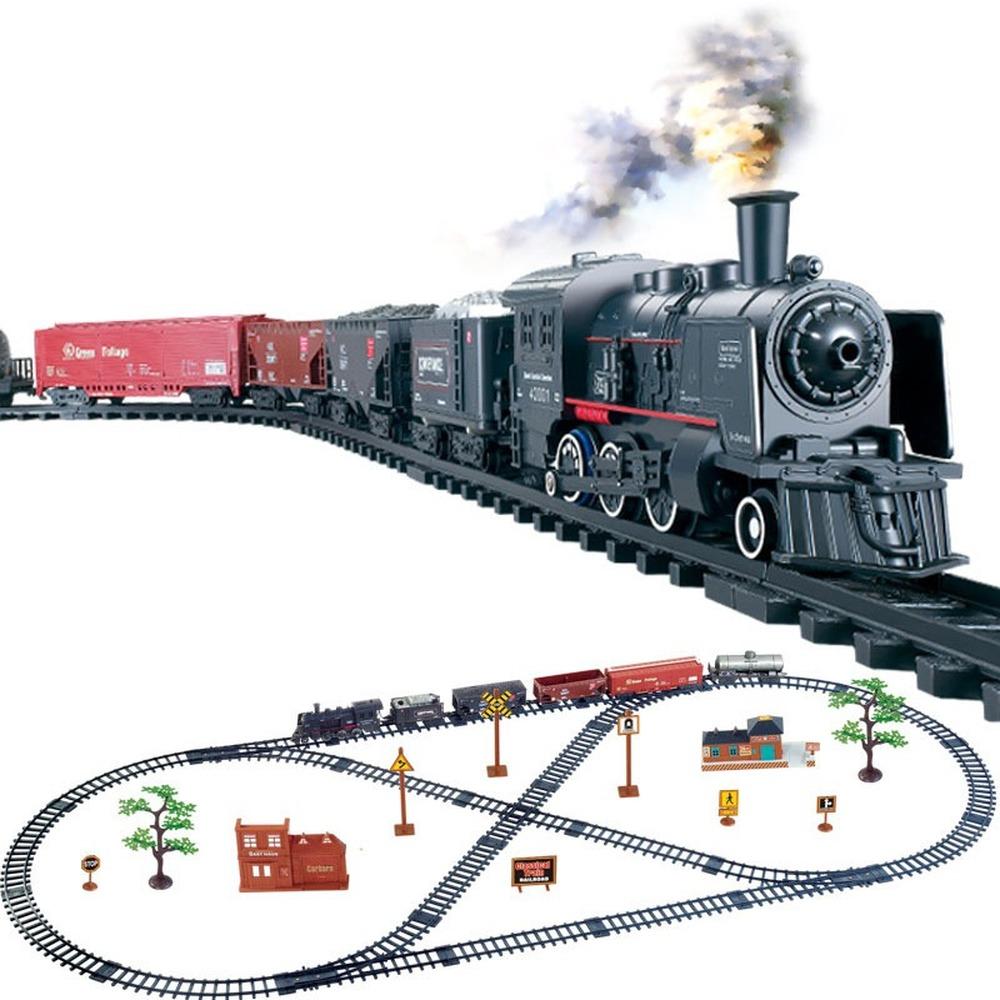 Kids Childrens Electric Smoke Simulation Classical Steam Train Track Toy Trains Scale Ratio Model Truck for Boys Girls Railway Railroad