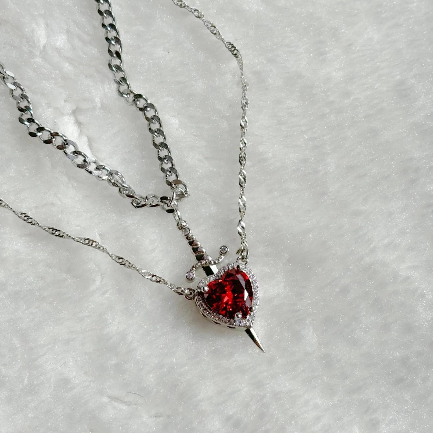 

Women s Bohemian Necklace - Red Cubic Synthetic Zirconia Heart & Sword Pendant, Gunmetal chain, Copper Jewelry for Everyday Formal Events - Romantic C