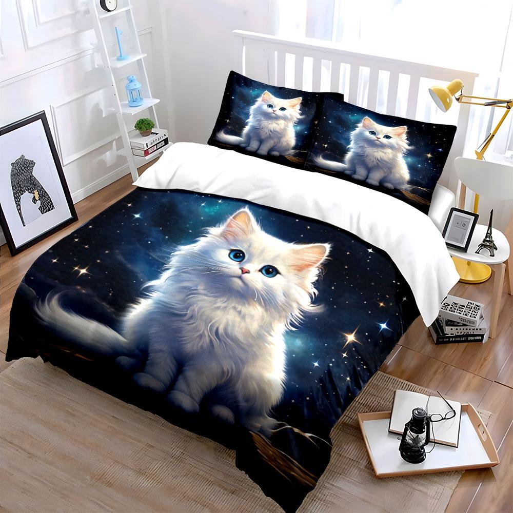3Pcs White Cat With Starry Backdrop Duvet Cover Set With 3D Printing Design Soft Polyester Bedding Set All-Season Comfort