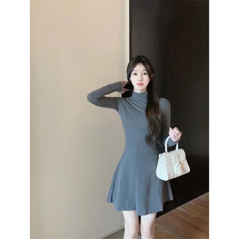 Jesień Zima Wysoki Kołnierz Jednolity Elegancki Modny Mini Sukienka w Talii Kobiety Długi Rękaw Uniwersalna Podstawa Szata Vestidos
