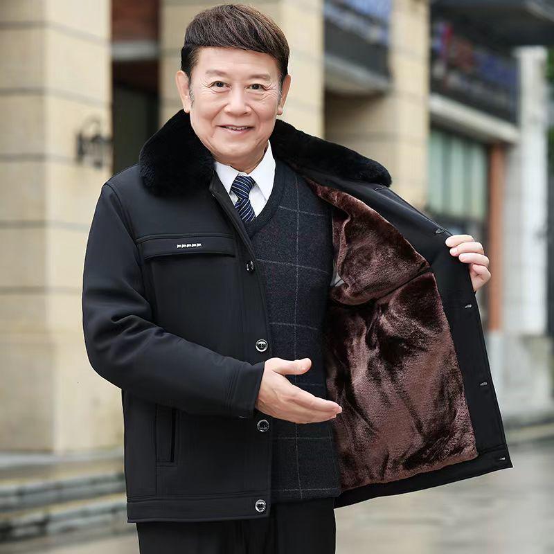 Men's Thick Velvet-Lined Winter Coat for Middle-Aged and Elderly