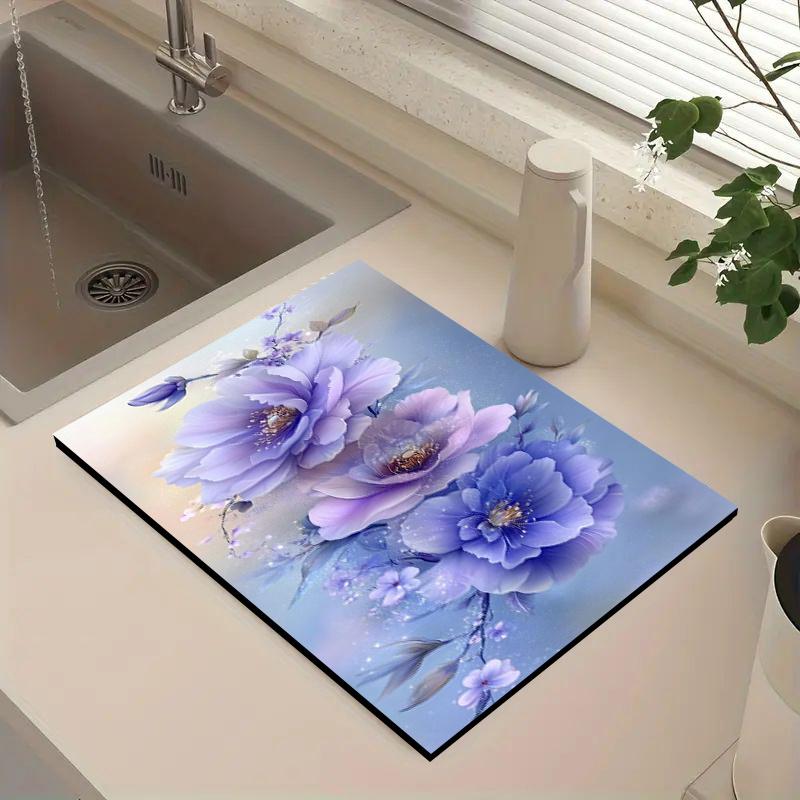 1Pcs Rubber Drying Mat With Floral Pattern For Coffee Shop Restaurant Kitchen Carpet Tableware Durable Diatom Mud Table Mat Pet Mat Coffeeware