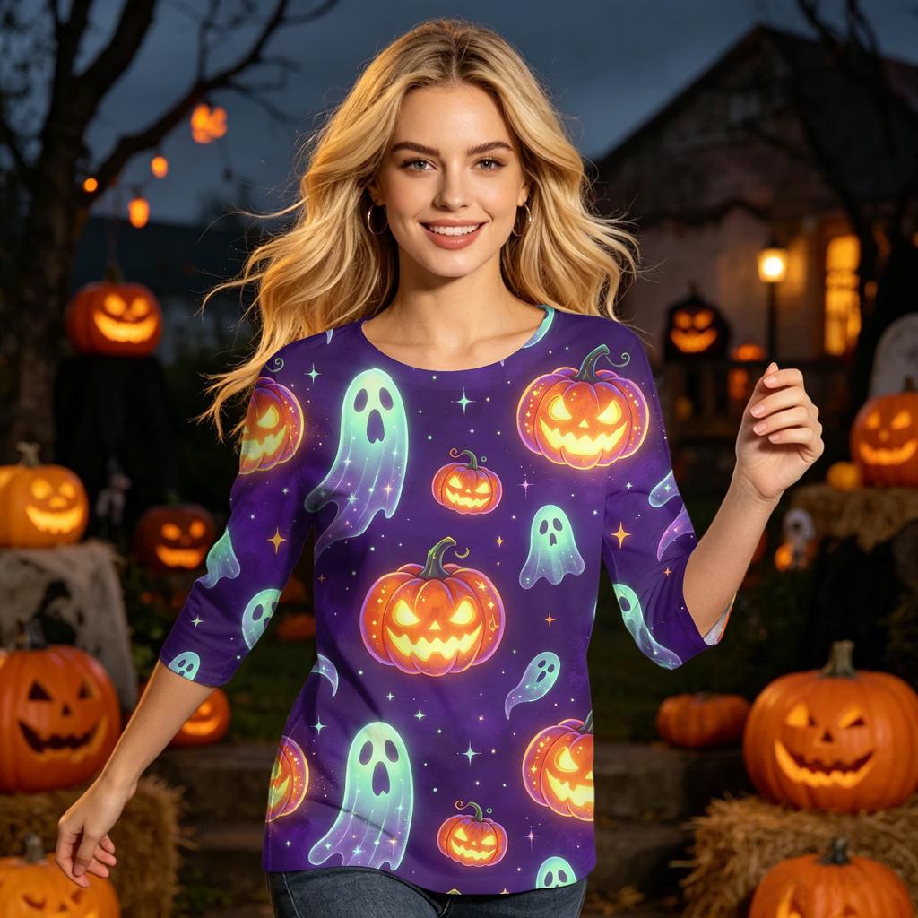 Womens Halloween Print Casual Three Quarter Sleeve Round Neck Top Lightweight Comfortable Fit Seasonal Shirt for Everyday Wear