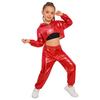Girls Hip Hop Jazz Dance Costume 3 Piece Set Metallic Cropped Hoodie Sleeveless Keyhole Back Vest Pants