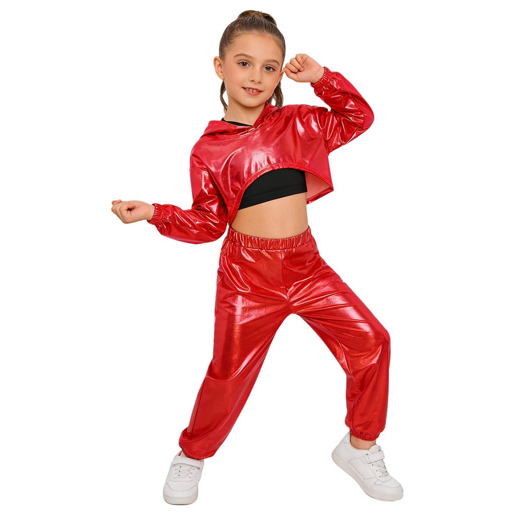 Girls Hip Hop Jazz Dance Costume 3 Piece Set Metallic Cropped Hoodie Sleeveless Keyhole Back Vest Pants