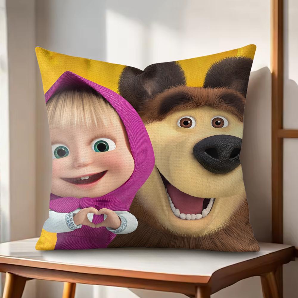 Cute Masha and the Bear Cushion Cover Natural Linen Organic Fabric DoubleSided Printing Couch Pillow Covers Home Decor