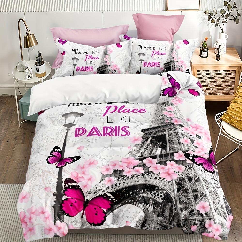 

3pcs Pink Bedding Set Paris Eiffel Tower Print Cozy Duvet Cover Set King Queen Twin Single Size Birthday Gift Girl Bedroom Decor EU Single 135x200cm