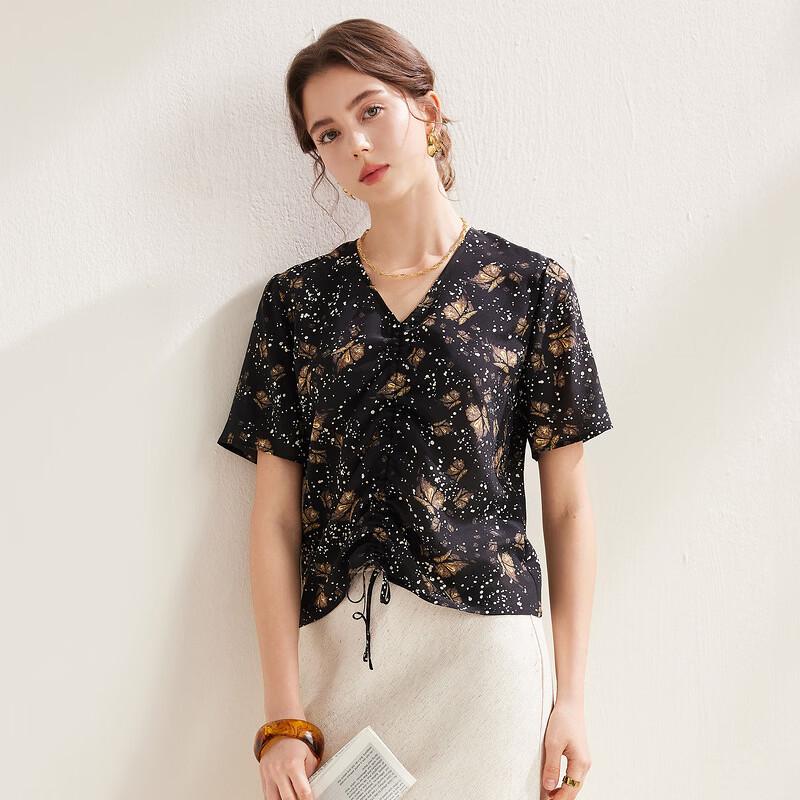 Zhaojun Silk Butterfly Print Drawstring Waist Short Sleeve Top