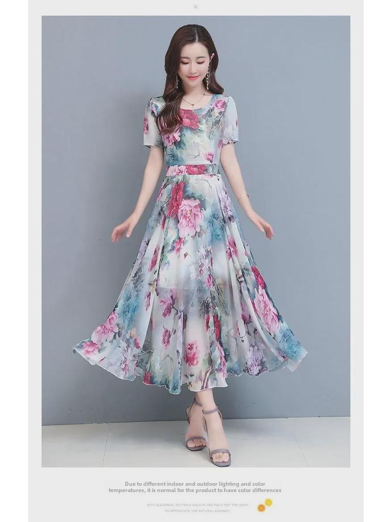 2023 Women's Elegant Floral Summer Dress - Slim, Short Sleeve, Long Beach Skirt