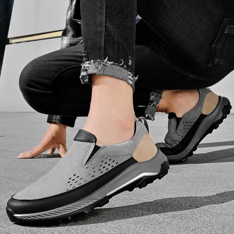 Men Breathable Casual Shoes Outdoor Plus Size Fashion Sneakers Lace-up Split Leather Comfortable Walking Sport Shoes