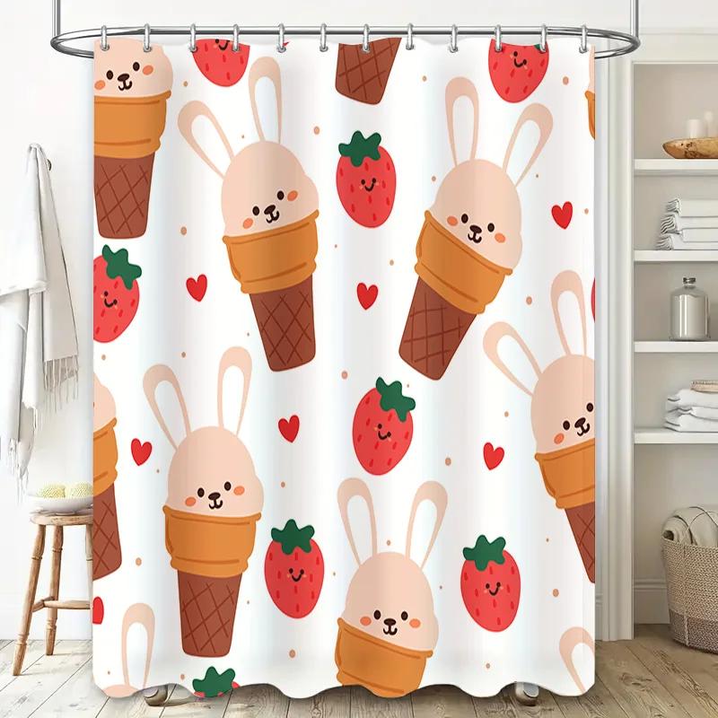 Kawaii Bunny Strawberry Ice Cream Shower Curtain Modern Bathroom Decor for Kids Adults Cute White Fabric Hanging Rug in Bath Tub