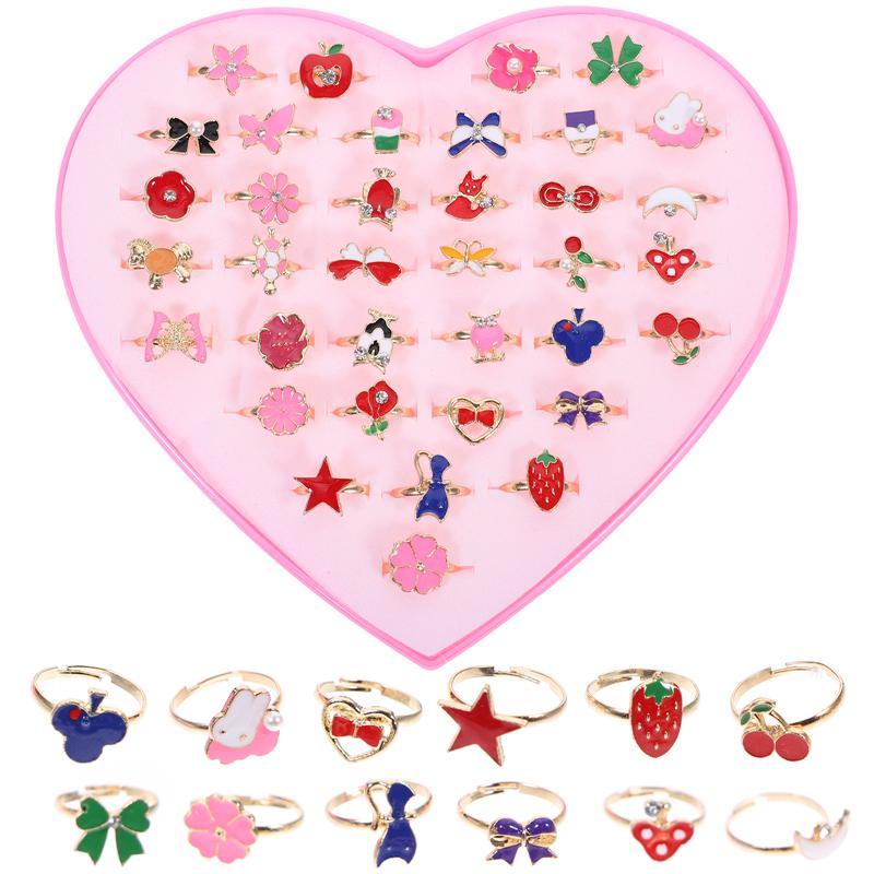 12/36 Pcs Adjustable Alloy Baby Girl Rings with Heart Shaped Box Cartoon Mix Finger Jewellery Rings Kid Girls Toys Random Color