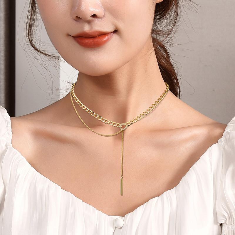 Womens Geometric Elegant Titanium Steel Chain Necklace With Luxe Tassel Features For Versatile Wear