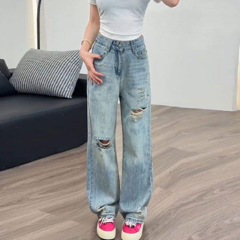 

Loose Light Blue Hole-breaking Jeans Female Autumn Retro High Waisted Skinny Narrow Straight Beggar s Pants Retro Street Style Baggy Jeans for Ladies 4XL