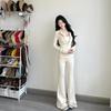 Korean Style Women's White Yoga Suit: Stand-up Collar Jacket & Flare Pants - Early Autumn 2025 Collection