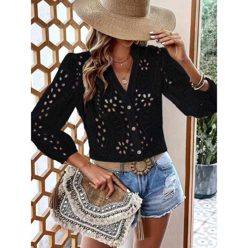 

Spring New European and American Fashion Commuter Ol White V-neck Single-Breasted Hollow All-Match Long sleeve Shirts Sun Protection Top Black 2XL