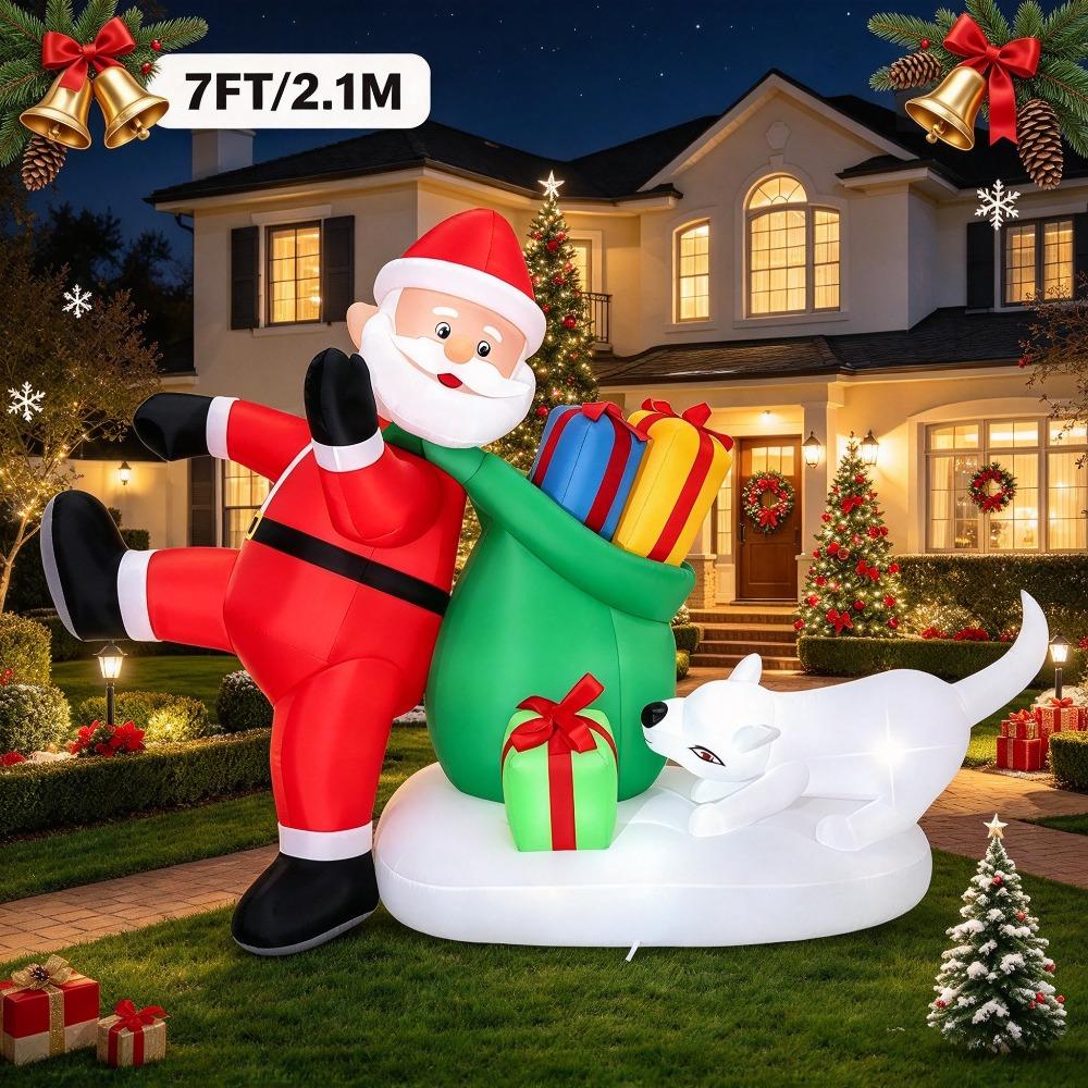 7FT/2.1M Inflatable Santa Claus Leaning on Gift Bag with White Dog, Outdoor Yard Decor