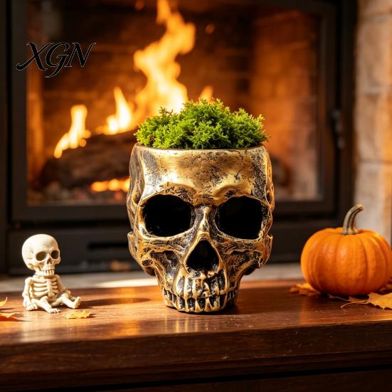 Retro Distressed Skull Decor Planter, Resin Head Flower Pot, Halloween Candy Bowl, Spooky Unique Gothic Gifts Decoration for Tabletop Home Bar Office