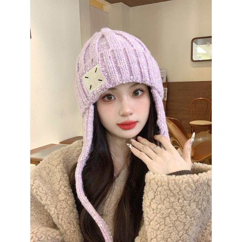 Autumn and Winter New Korean Version of Versatile Wool Hat for Women with Big Head Circumference Showing Their Face Small Rainbow Particles Patches