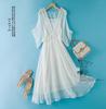 Women's Summer Long Silk Dress with Ruffle Edge - Simple, Solid Color