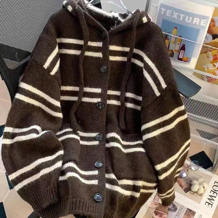 Korean Striped Hooded Cardigan Sweater for Women - 2025 Autumn/Winter