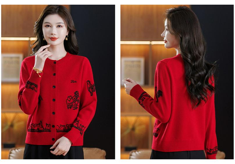 Women's Autumn Wool Cardigan - Letter Embroidery & Animal Knit Design, Round Neck, Long Sleeve