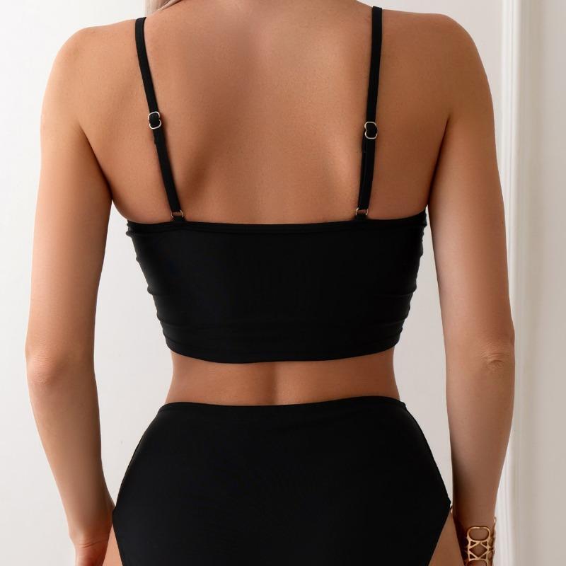 Women's New Solid Color High-waisted Backless Sexy Bikini Two Piece Swimsuit