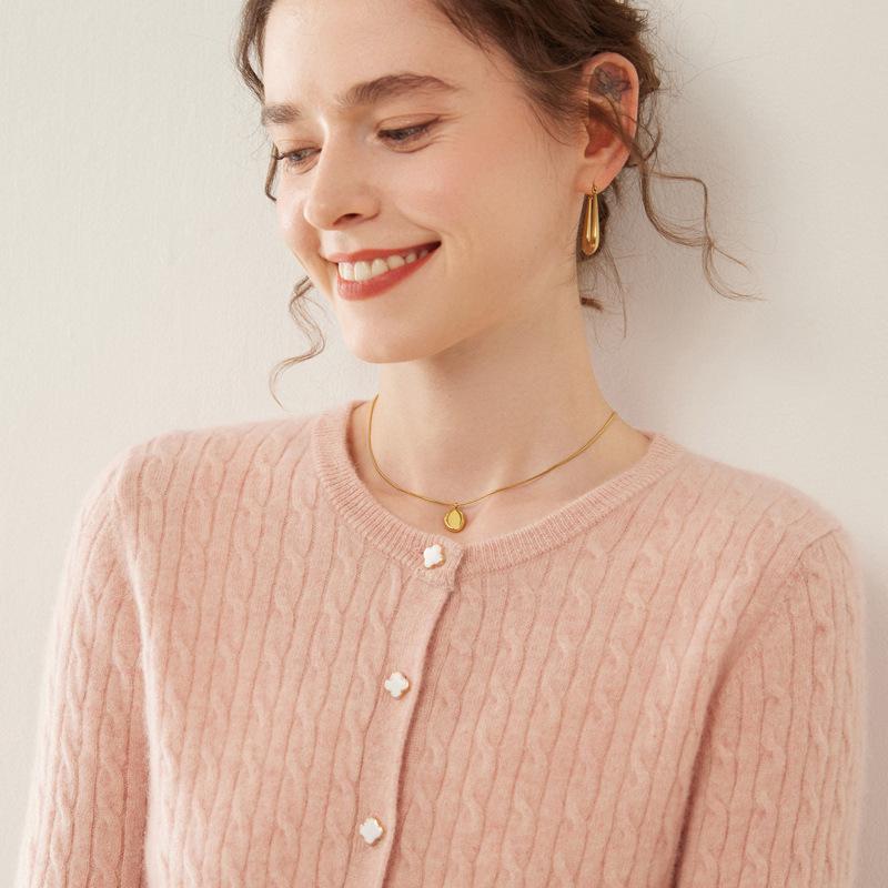 Women's Cashmere Cable Knit Round Neck Cardigan - Autumn/Winter Fashion Versatile Style.