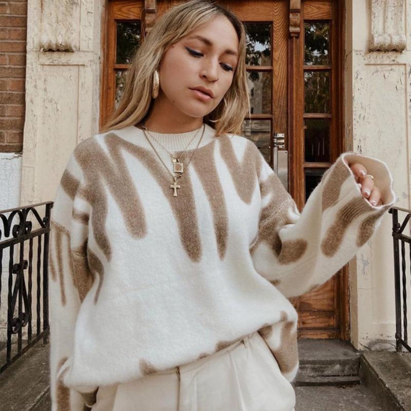 Lazy Wind Pullover Sweater Women's Fall and Winter Loose Sweater Korean Version of The Printed Knit Sweater Cozy Versatile Fashion