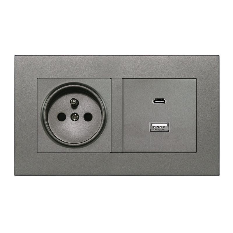 16A Grau Französische Doppel-Gang-Schalter- & Steckdosenleiste mit USB+Typ C, Unterputzmontage, Typ 86