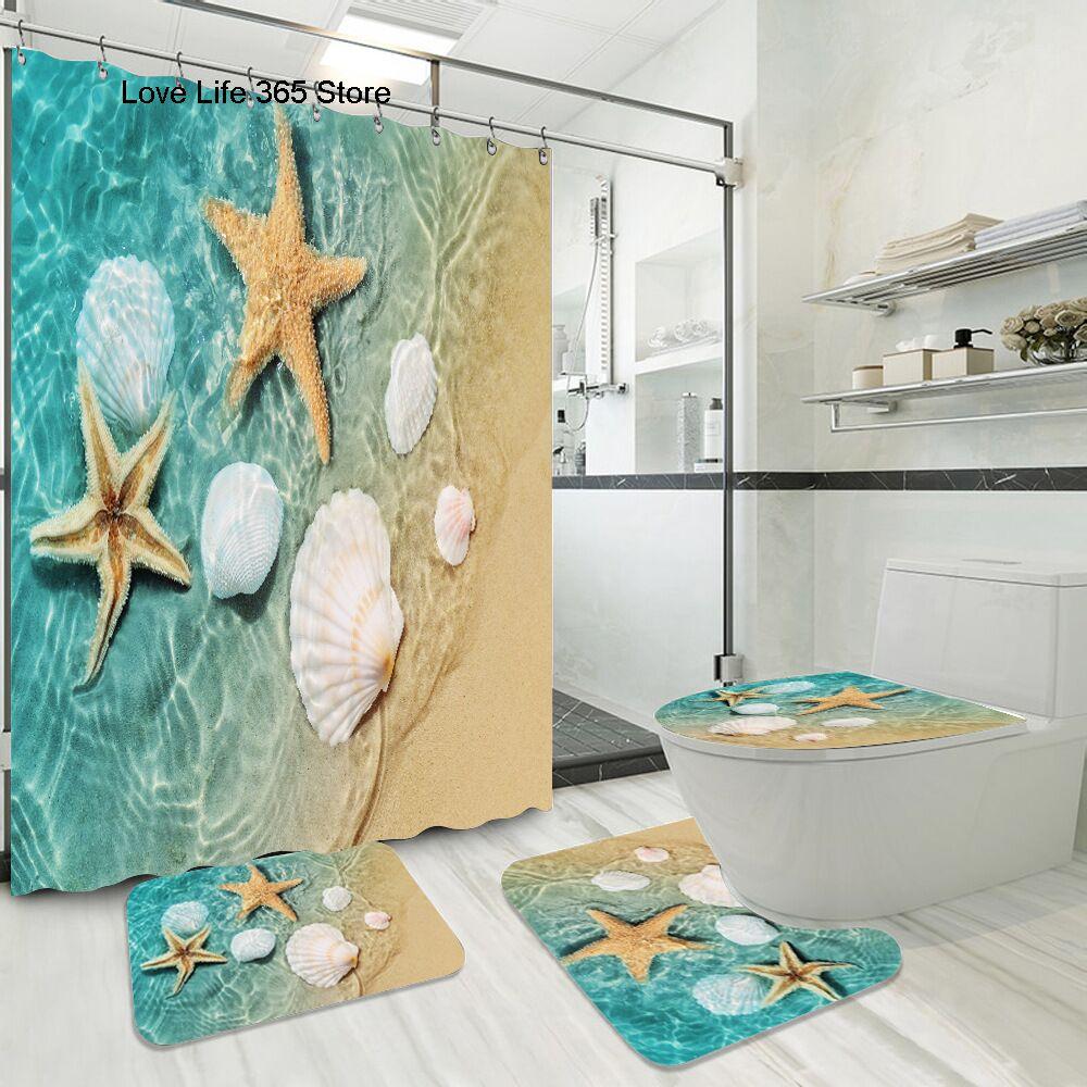 Blue Fishing Net And Whelk 3D Printed Waterproof Shower Curtain Non Slip Rugs Mat Polyester Fabric Waterproof With Hooks